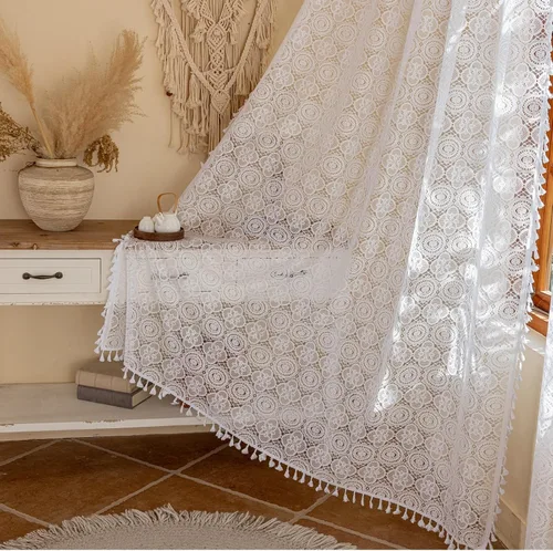Vista 44 de YJ YANJUN - Cortinas de café boho, 24 pulgadas de largo, 2 paneles, cada una de 59" de ancho x 24" de largo, beige, con crochet, cortinas de cocina