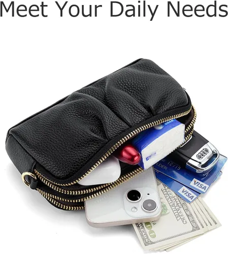 Vista 3 de Billeteras de pulsera para mujer, de piel auténtica, monederos fruncidos para mujer, cartera de mano