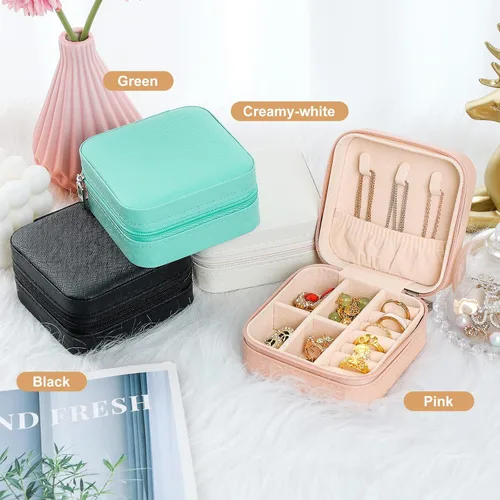 Vista 2 de Mini estuche de viaje de joyería, organizador de viaje de cuero para mujeres y niñas, pequeñas cajas de joyería para regalos, organizador de joyas