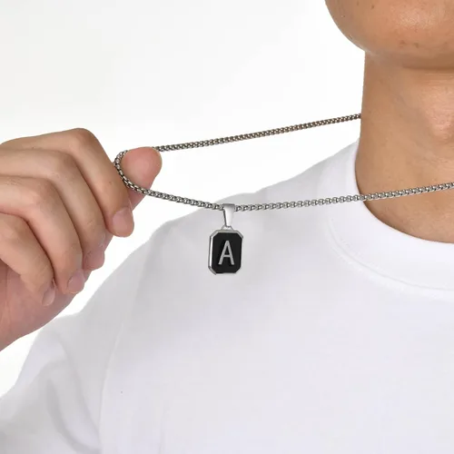 Vista 4 de Hisatan Collar con inicial para hombres y mujeres, collares con colgante de letra A-Z, color negro, plateado, cuadrado, capital, para hombre, acero