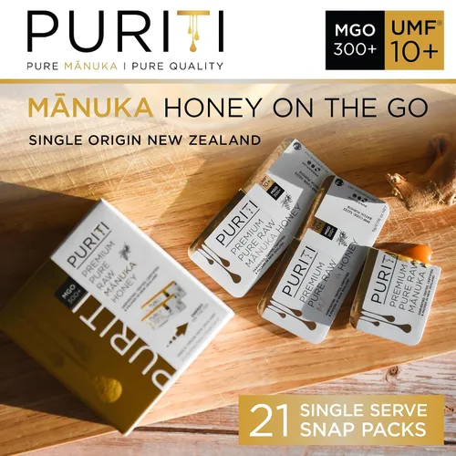 Vista 3 de PURITI UMF 10+ (MGO300+) 21 paquetes individuales a presión de 0.18 onzas, palitos de miel de una sola porción para té, viajes y aperitivos