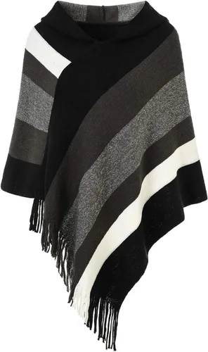 Vista 13 de Ferand Suéter tipo poncho a rayas para mujer, acogedor chal de punto con flecos para otoño e invierno Negro & gris