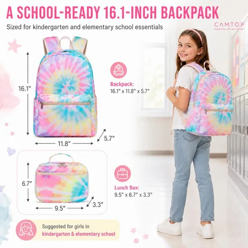 Vista 2 de CAMTOP – Juego de morral y lonchera para niñas de preescolar y primaria, Teñido amarillo., S, Viajar A-Tie Dye Amarillo