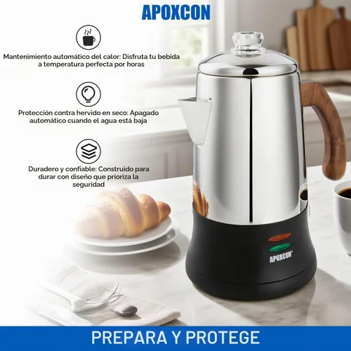 Vista 7 de APOXCON Percolador de Café Eléctrico Cafetera de Acero Inoxidable con Perilla de Vidrio Resistente Transparente para Ver el Progreso