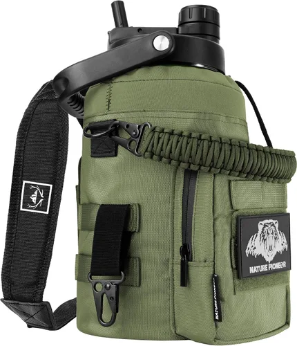 Vista 13 de NATURE PIONEOR Botella de agua táctica de 128 oz/1 galón con bolsa para Marrón verde