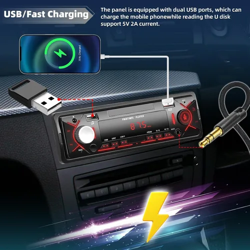 Vista 5 de Estéreo de coche de un solo DIN con Bluetooth 5.0 manos libres Llamadas Digital Receptor estéreo para coche Radio FM Reproductor MP3 Sistema
