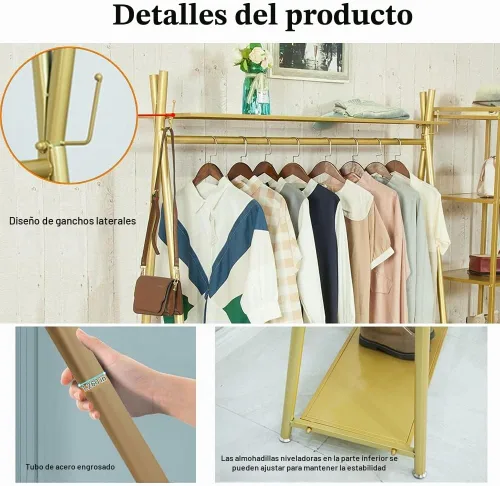 Vista 4 de Perchero industrial dorado independiente con estantes dobles, perchero móvil resistente para organizar ropa y zapatos (47 pulgadas de largo)