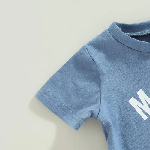 Vista 74 de Conjunto de traje de verano para bebé niño pequeño, manga corta, cuello redondo, letras impresas, lindo traje de verano, conjunto de 2 piezas