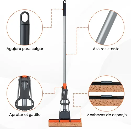 Vista 5 de Trapeadores de esponja para limpieza de pisos con 2 recargas de cabezal de mopa de celulosa y mango largo de 55”, trapeador de rodillo resistente
