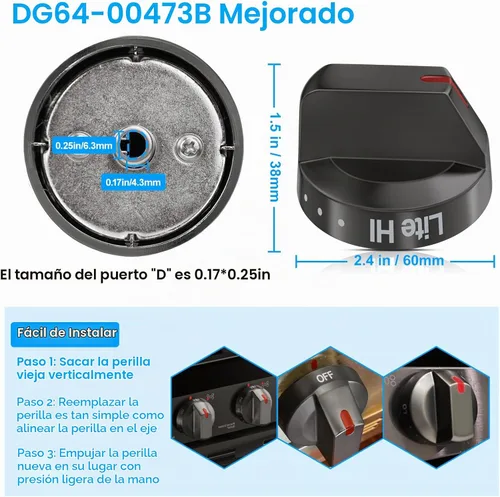 Vista 4 de [Actualizado] DG64-00473B Perillas de estufa de acero inoxidable negro compatibles con estufa de horno de gas Samsung, perilla de control