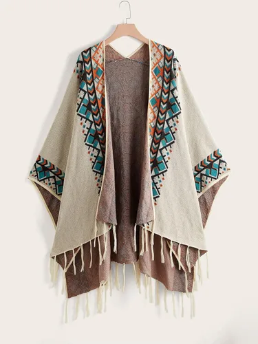 Vista 5 de Verdusa Poncho con borla estampada y frente abierto para mujer