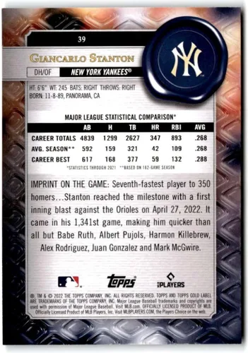 Vista 2 de Baseball Trading Card MLB 2022 Topps Gold Label Class 1#39 Giancarlo Stanton NM Near Mint Yankees