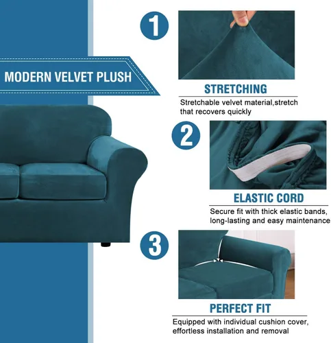 Vista 2 de H.VERSAILTEX Fundas elásticas de terciopelo para sofá de 3 cojines, paquete de fundas de sofá biplaza para sillón de 2 cojines, paquete de fundas