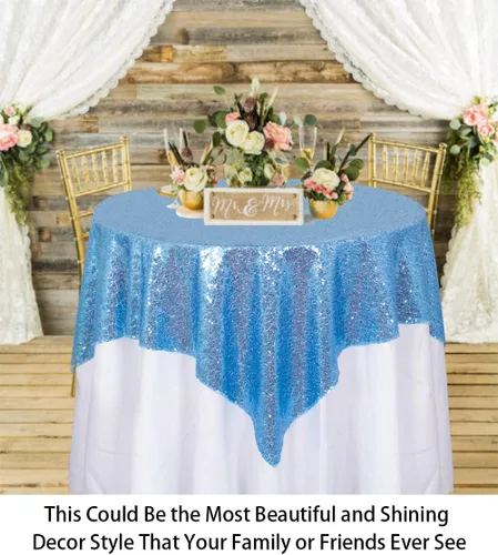 Vista 3 de ShinyBeauty Mantel de lentejuelas color azul bebé de 50 x 50 pulgadas, mantel cuadrado con purpurina azul claro, mantel de Acción de Gracias, 50 x