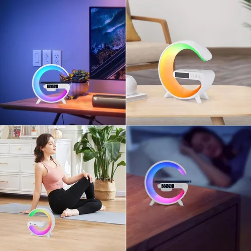 Vista 6 de LeeNabao Nuevo cargador de altavoz inalámbrico, luz de ambiente con función de carga inalámbrica, lámpara de mesa, lámpara de noche con reloj