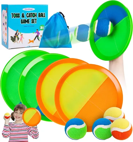 Vista 10 de Juego de pelota para lanzar y atrapar, 4 paletas y 4 bolas al aire libre, juego de captura de remo para niños, patio trasero, playa, piscina, patio