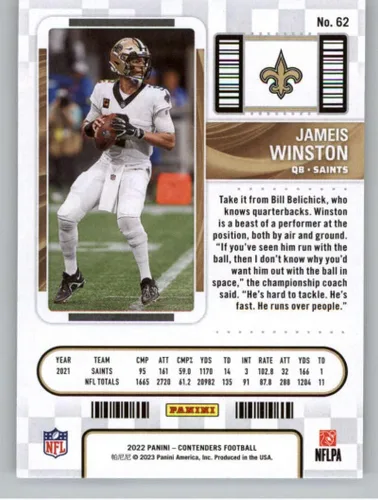 Vista 2 de 2022 PANINI CONTENDERS SEASON TICKET #62 JAMEIS WINSTON NEW ORLEANS SAINTS FOOTBALL OFFICIAL TRADING CARD OF THE NFL