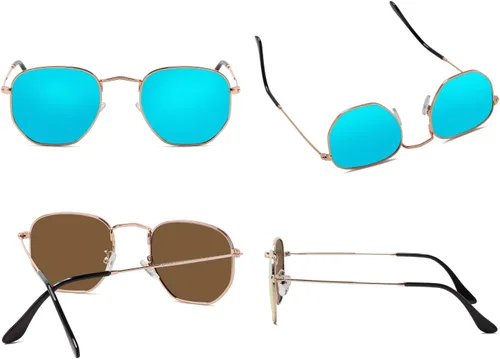 Vista 2 de Hipster. - Lentes de sol polarizados hexagonales para hombre y mujer, diseño geométrico, cuadrados, pequeños, marco de metal vintage, gafas de sol