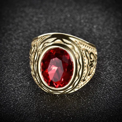 Vista 3 de Lunxury - Anillo de boda de acero inoxidable grabado para hombre, color rojo, rubí sintético, cristal dorado, anillos de boda, Cristal, Zirconia