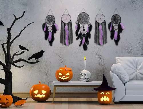 Vista 8 de Paquete de 5 atrapasueños para decoración de pared, diseño bohemio de luna y sol, juego negro