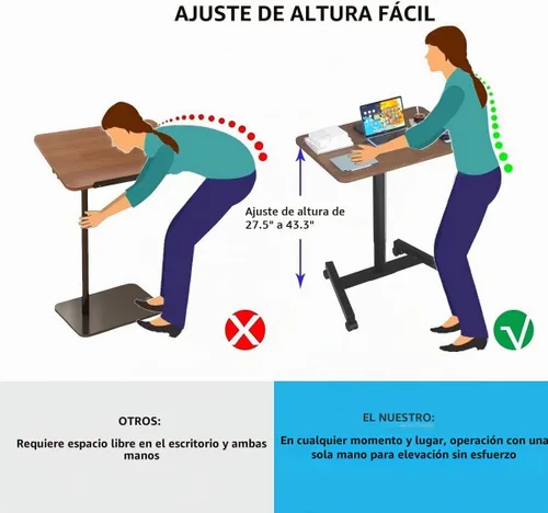 Vista 3 de Escritorio móvil de pie de 28 pulgadas, escritorio ajustable para computadora, escritorio de pie portátil con ruedas bloqueables, mesa rodante