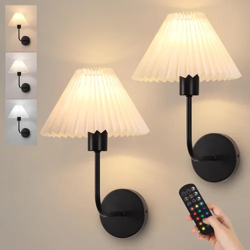 Vista 17 de Juego de 2 apliques de pared inalámbricos, pantallas plisadas recargables que funcionan con batería, luces de pared retro de cuello de ganso