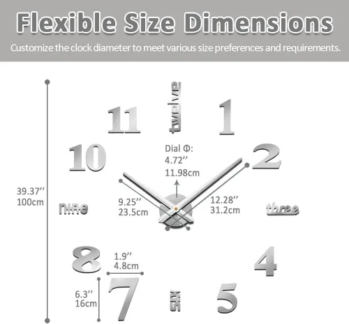 Vista 12 de Mintime Reloj de pared moderno sin marco, grande, 3D, números de espejo para decoración de oficina en casa