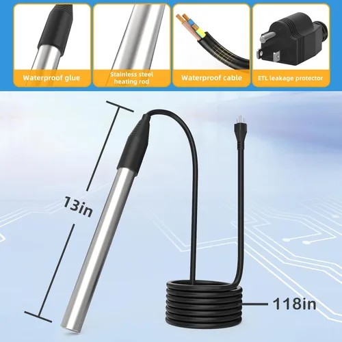 Vista 6 de Calentador de agua de inmersión de 1800W, calentador de piscina eléctrico totalmente sumergible, calentador de bañera de acero inoxidable