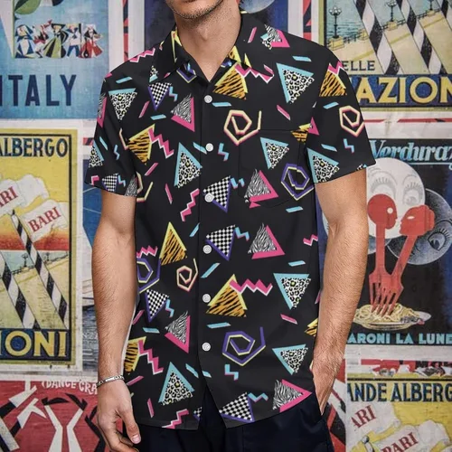 Vista 2 de LARSD Camisas de los años 80 para hombre, camisa de fiesta divertida con botones de los años 90, estilo retro, hawaiano, playa, neón, discoteca