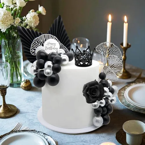 Vista 6 de Knana 25 bolas negras plateadas para decoración de tartas, corona de flores