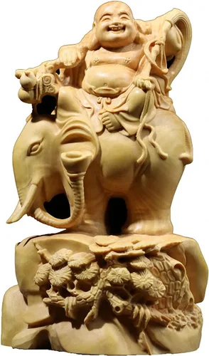 Vista 16 de Estatua de Buda Maitreya Maitreya tallada a mano de boj natural (ventilador de bolsa de tela)