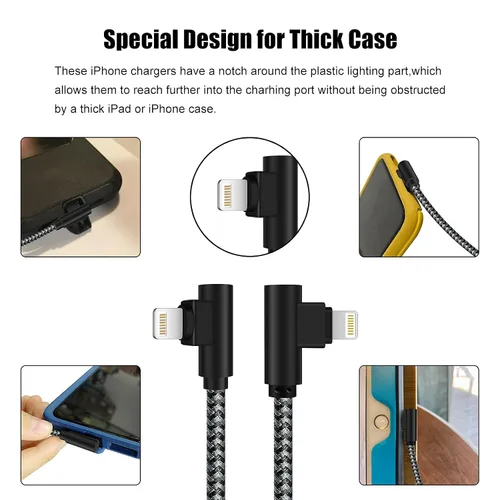 Vista 7 de Cargador para iPhone de 1 pie, certificado MFi, cable Lightning trenzado, cable de carga de codo de 90 grados, compatible con iPhone 14 13 12 11 Pro