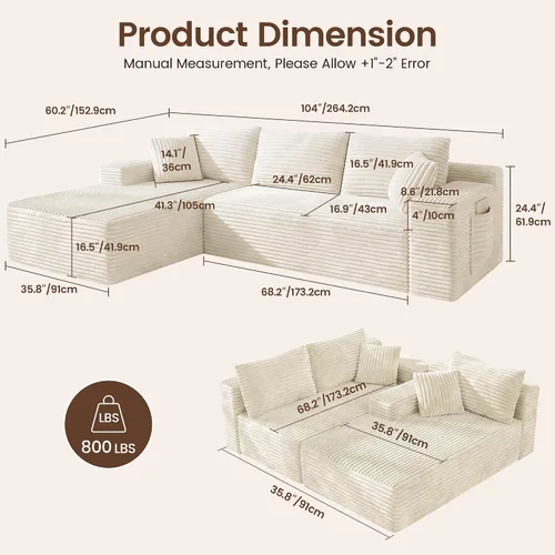 Vista 2 de WINBOY Sofás deshuesados en forma de L de 106 pulgadas para sala de estar, cómodo sofá modular de pana comprimido con bolsillo lateral, Chiase