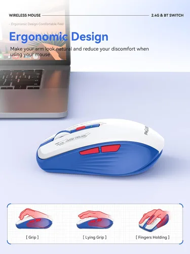 Vista 6 de Ratón inalámbrico azul blanco, Bluetooth de doble modo y 2.4G, botones laterales Receptores USB-A y USB-C Clic silencioso DPI de 4 niveles