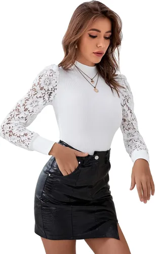 Vista 3 de SheIn Camiseta acanalada de manga larga con cuello redondo y lunares para mujer