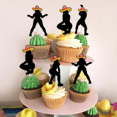 Vista 3 de Cheereveal 24 piezas de adornos para cupcakes de fiesta Twerk para niñas y mujeres, palillos de sombrero, fiesta mexicana, temática divertida