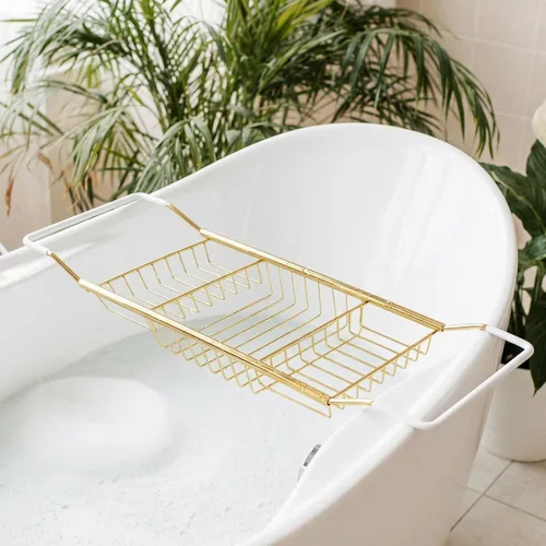 Vista 8 de Cabilock Bandeja de baño de acero inoxidable de lujo – Estante de baño moderno expandible de 24.8 pulgadas para bañera con copa de vino y soporte