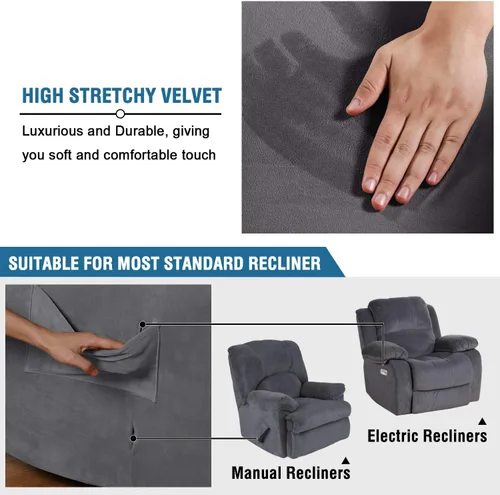 Vista 6 de H.VERSAILTEX 4 fundas elásticas para sofá de 3 cojines (gris) Paquete de 1 funda de terciopelo para sillas reclinables (gris)