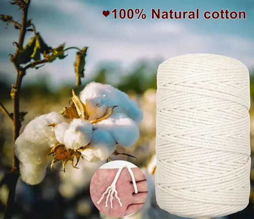 Vista 4 de Cuerda de macramé de 0.118 in para 220 yardas, cuerda de algodón de 68.8 pies, cuerda de macramé de color 100% natural para kit de macramé, ganchos