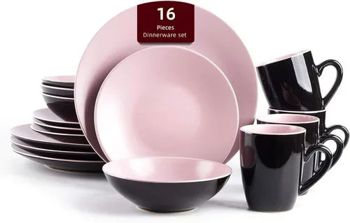 Vista 20 de HomeVss Colors Life juego de vajilla, exterior negro brillante con interior de color mate