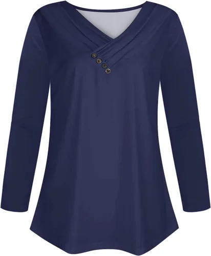 Vista 4 de Blusas de manga larga para mujer, con cuello en V, ajuste holgado, con botones, color liso, casual, para otoño 2023