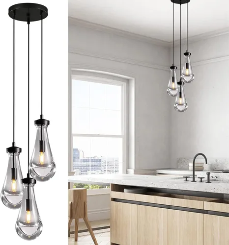 Vista 9 de Luces Colgantes Modernas de Gota de Lluvia, Luces Colgantes para Isla de Cocina, Lámpara de Comedor con Barra de Latón, Candelabro de Gota de Lluvia