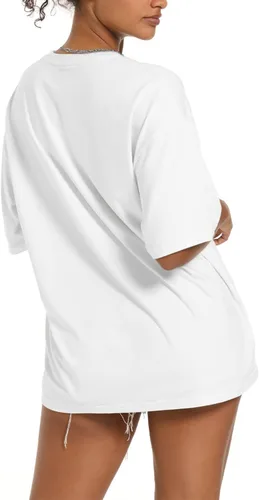 Vista 2 de JUNING Camisetas de gran tamaño para mujer, manga corta, cuello redondo, casual, suave, camiseta básica