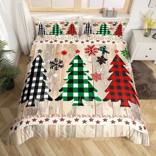 Vista 8 de Juego de funda de edredón con diseño de ciervo de cabaña, tamaño twin, juego de ropa de cama rústica de tablón de madera de árbol de Navidad