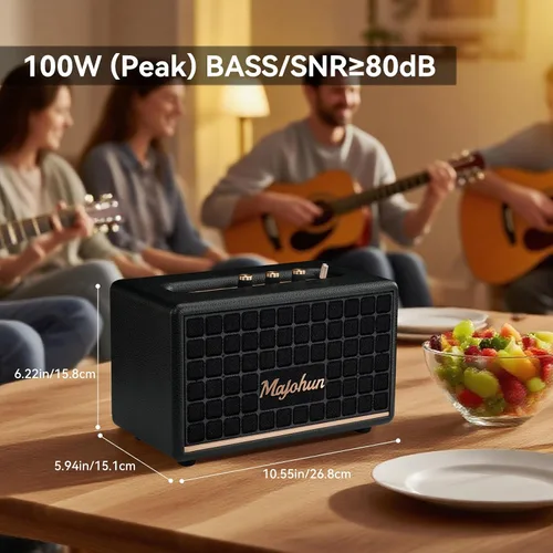 Vista 4 de Altavoz Bluetooth 5.4 de madera pico de 100 W, estéreo TWS vintage (negro) Retro style with bass & treble control, AUX & USB input; multiple