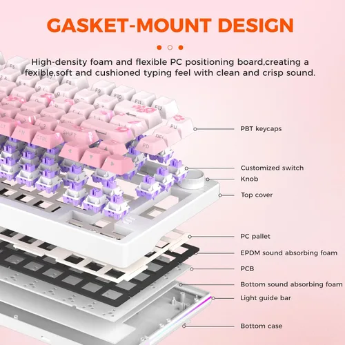 Vista 2 de DAREU EK75PRO Sakura Pink Teclado mecánico inalámbrico para juegos y mouse inalámbrico para juegos con combinación de base de carga