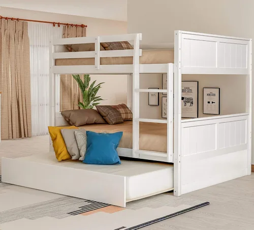Vista 9 de Litera matrimonial sobre matrimonial con nido, 725 libras, resistente plataforma de tamaño matrimonial, cama de madera de pino con cabecero, tabla