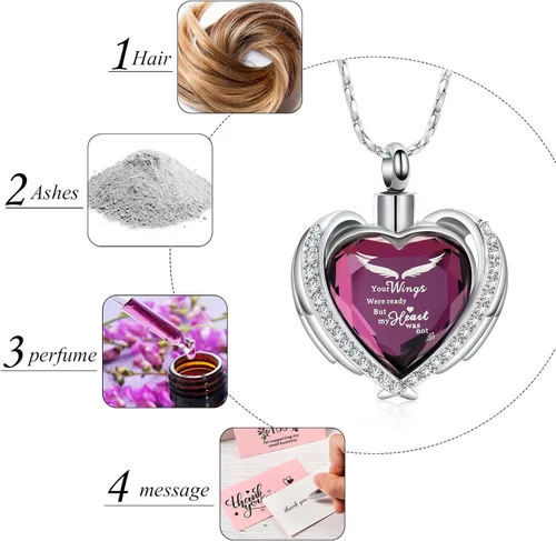 Vista 3 de Imrsanl Joyería de cremación con dije de urna de corazón de ala de ángel para mujer, urnas de cristales para cenizas humanas, medallón