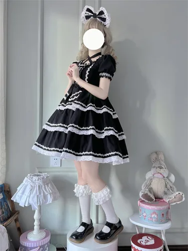 Vista 2 de Dulce Lolita Vestido de Adolescentes Kawaii Manga abullonada Encaje Escalonado Volantes Princesa Japonés Anime Cosplay Vestidos de Fiesta