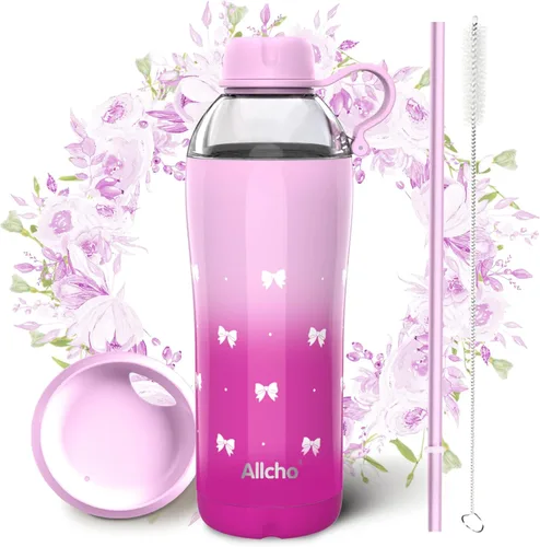 Vista 21 de Bow - Botella de agua aislada para mujeres, botellas de agua de acero inoxidable de 18 oz, de doble pared, 2 tapas (para beber y vaso) - Hidrata